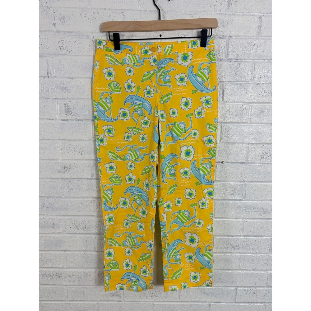 Lilly Pulitzer Les Monkey Capri Pants Womens 2 Yellow Beach Print Resort